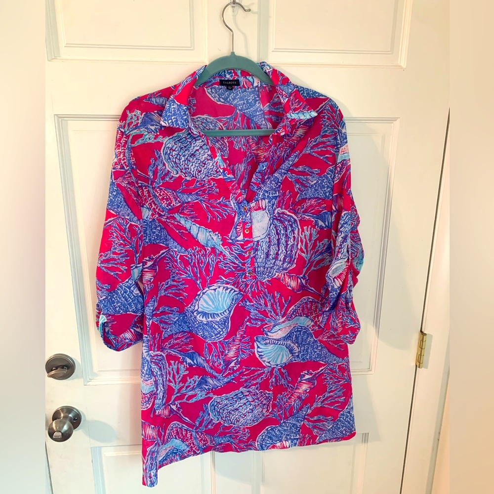 Bright Pink Blue Seashell Swimsuit Coverup Tunic Dress M